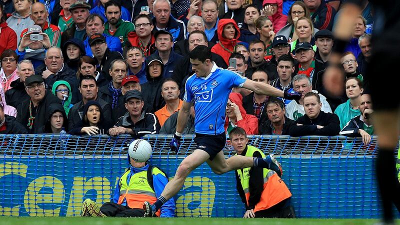 Diarmuid Connolly misses with a late free during the 2016 final against Mayo. Photo: Donall Farmer/Inpho