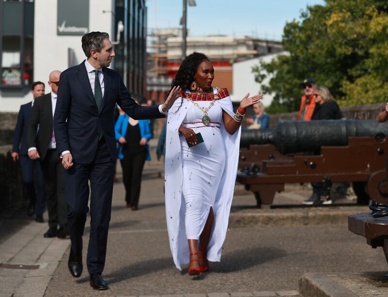 Taoiseach Simon Harris with the Mayor of Derry City and Strabane District Council Cllr Lilian Seenoi Barr on the Derry Walls on Monday. Photograph: Liam McBurney/PA Wire