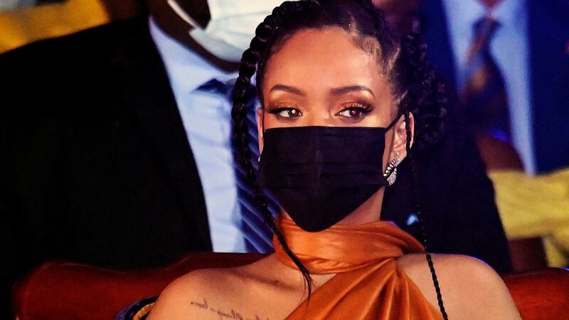 Popstar Rihanna, honoured as a national hero in Barbados, attends the Presidential Inauguration Ceremony. Photograph: Toby Melville/Pool/Getty Images