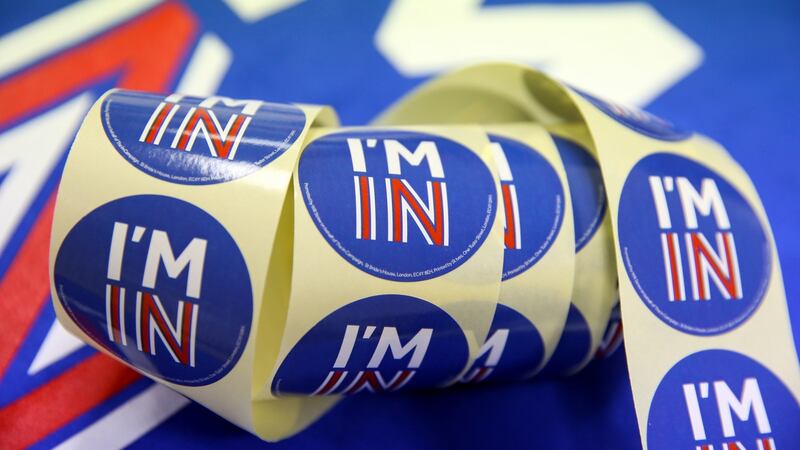 A roll of stickers with campaign logos at the Britain Stronger In Europe campaign offices in London. Photograph: Chris Ratcliffe/Bloomberg