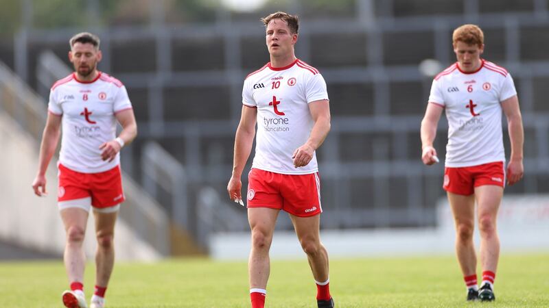 Tyrone’s Matthew Donnelly, Kieran McGeary and Peter Harte. Photo: James Crombie/Inpho
