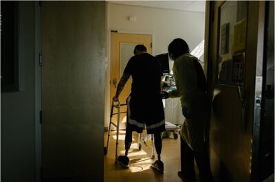 A US military veteran who received a penis transplant also undergoes physical therapy to regain his strength.