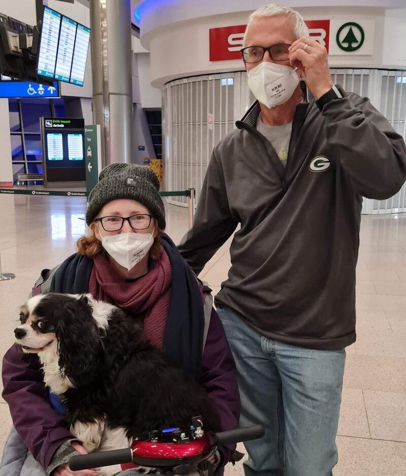 Geraldine Porter, Oisin, Mark McGranaghan, on arrival at Dublin airport. Photograph: Patsy McGarry