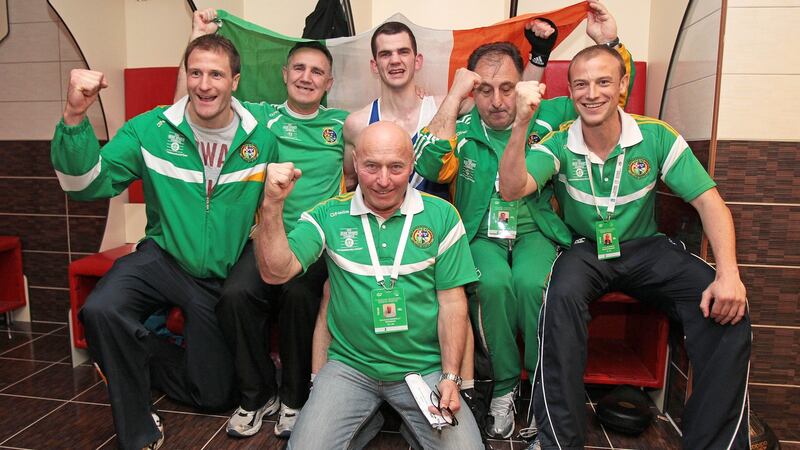 Performance psychologist Gerry Hussey  with boxing coach Billy Walsh, team manager Des Donnelly, Irish boxer Adam Nolan, coach Zaur Anita and team physio Conor McCarthy, at the 2012 London Olympic Games. Photograph: Cathal Noonan/Inpho