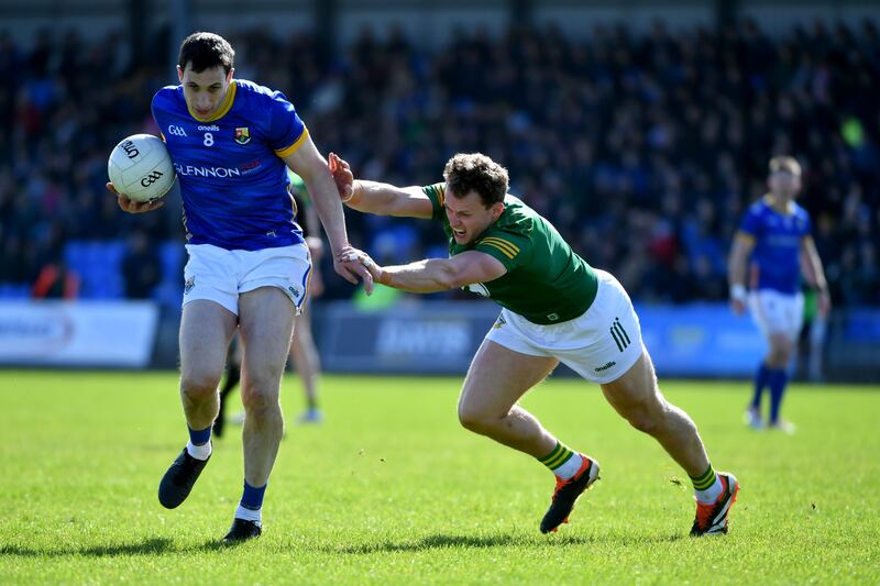 Darren Gallagher of Longford and Ronan Jones of Meath. Photograph: Andy Paton/Inpho