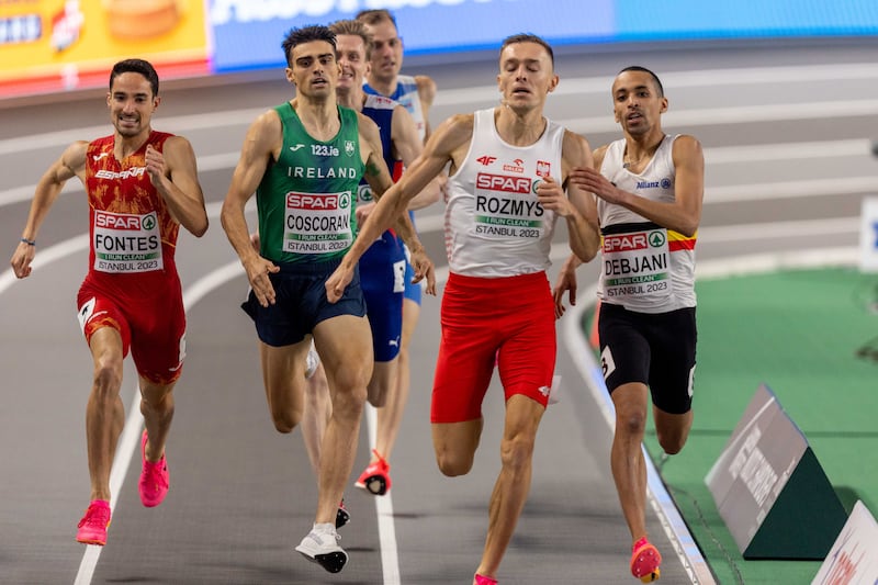 Ireland’s Andrew Coscoran  in action during the heats of the 1,500m at the European Indoor Championships at the Ataköy Athletics Arena in Istanbul, Turkey. Photograph: Morgan Treacy/Inpho