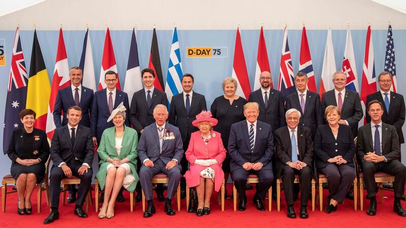 Leaders pose for the official family photograph during an event to commemorate the 75th anniversary of the D-Day landings, in Portsmouth, southern England. Photograph: Jack Hill/Pool/AFP/Getty Images