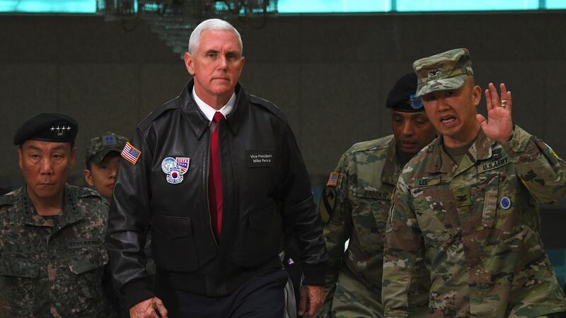 US vice-president Mike Pence (C) visits the  village of Panmunjom in the Demilitarized Zone (DMZ) on the border between North and South Korea. Photograph: Yeon-Je Jung/AFPP/Getty