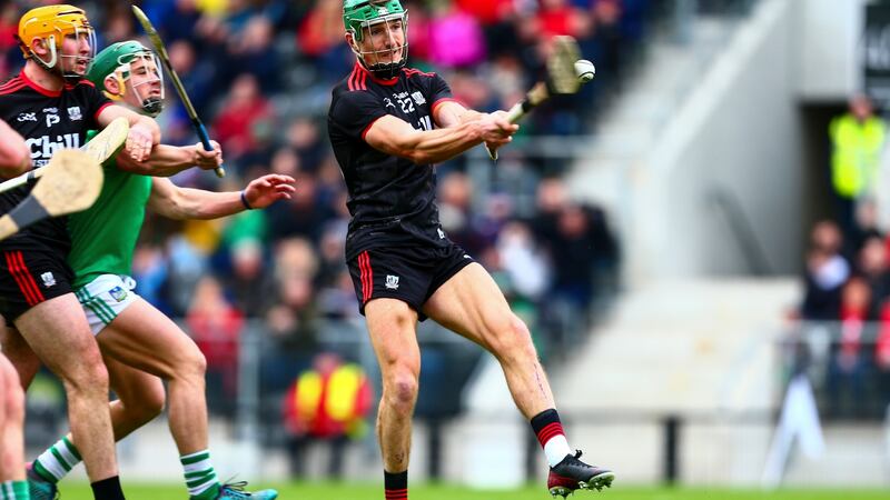 Cork’s Aidan Walsh shoots to score his side’s second goal during the Allianz Hurling League Division 1A game against Limerick  at Páirc Uí Chaoimh. Photograph: Ken Sutton/Inpho