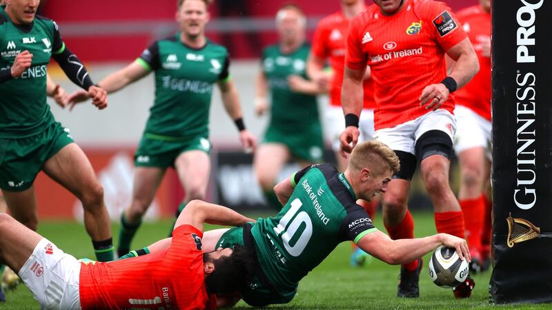 Connacht’s Conor Fitzgerald scores a try against Munster in the Pro14 Rainbow Cup last week. Photograph: James Crombie/Inpho