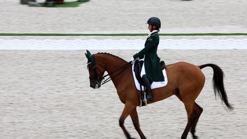 Sarah Ennis and Woodcourt Garrison during the eventing team and individual dressage on Saturday. Photograph: Behrouz Mehri/Getty/AFP