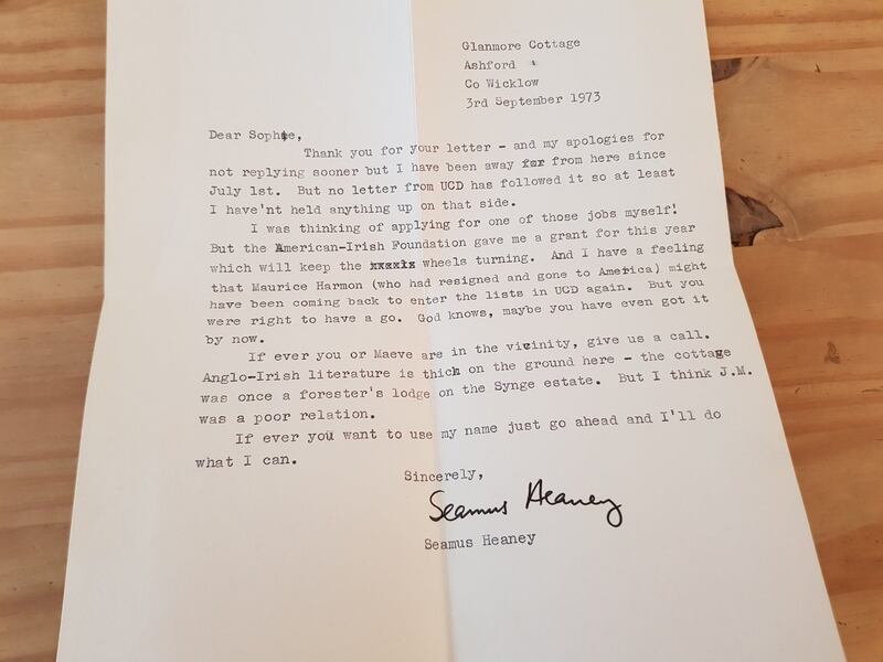 The 1973 letter from Seamus Heaney to Sophia Hillan