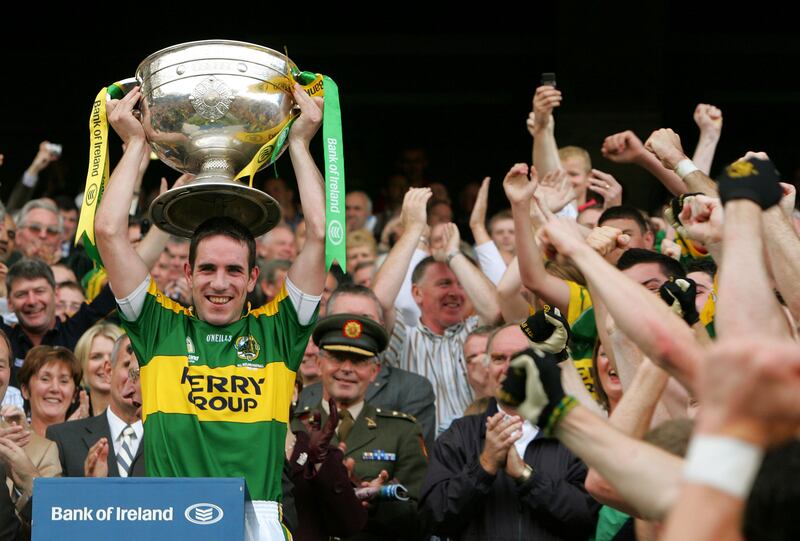 Declan O'Sullivan lifts the Sam Maguire Cup after Kerry defeated Cork in 2007, the last time they won back-to-back All-Ireland finals. Photograph: Kate Geraghty