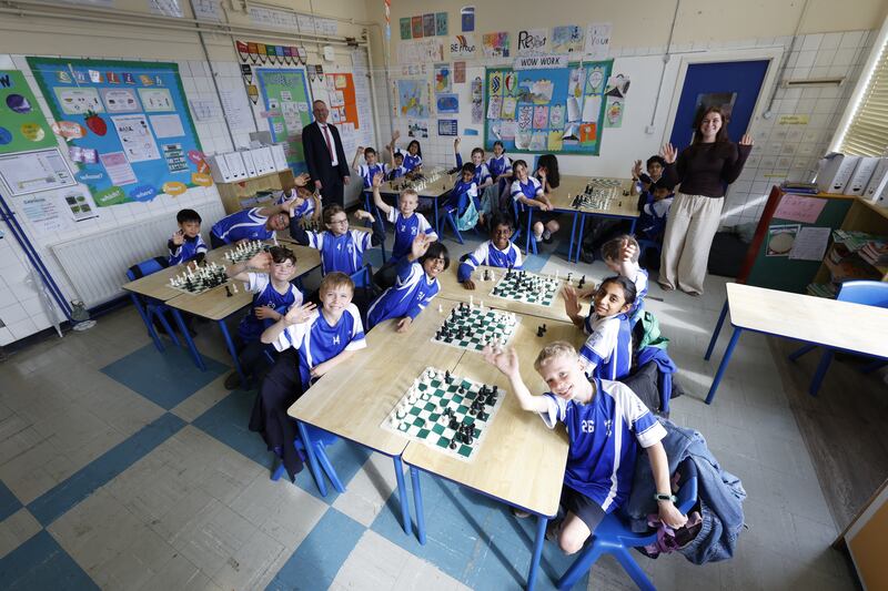 Third-class pupils with teachers Padraic Fay and Ciara Gorry. Photograph: Nick Bradshaw