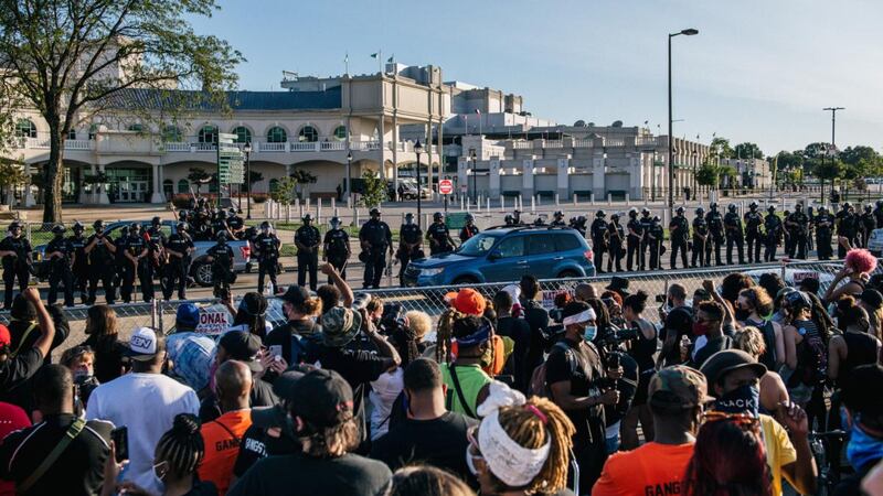 Protestors outside Churchill Downs on Kentucky Derby day. Photograph: Brandon Bell/Getty