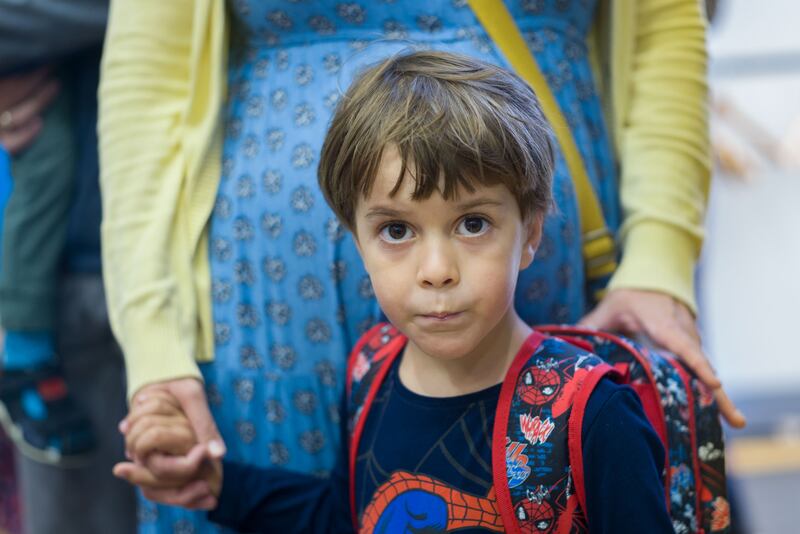 Stefan Blagojevic (Balgriffin) holds his mother Marija’s hand on his first day of school at Belmayne Educate Together National School in north Dublin. Photograph: John Ohle