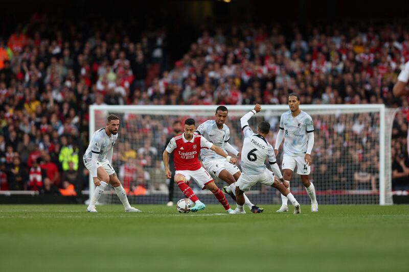 Arsenal's Gabriel Martinelli in action against the Liverpool duo of Jordan Henderson and Thiago Alcantara at the Emirates Stadium. Photograph: Adrian Dennis/AFP via Getty Images