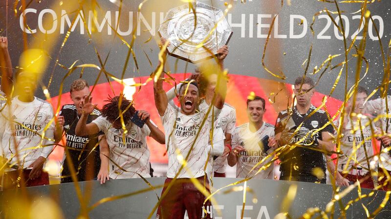 Arsenal celebrate winning the Community Shield at Wembley. Photograph: Getty Images