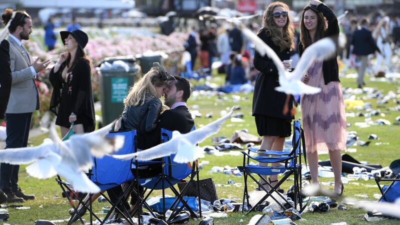 Racegoers after the running of the Melbourne Cup at Flemington Racecourse in Melbourne. Photograph: PA