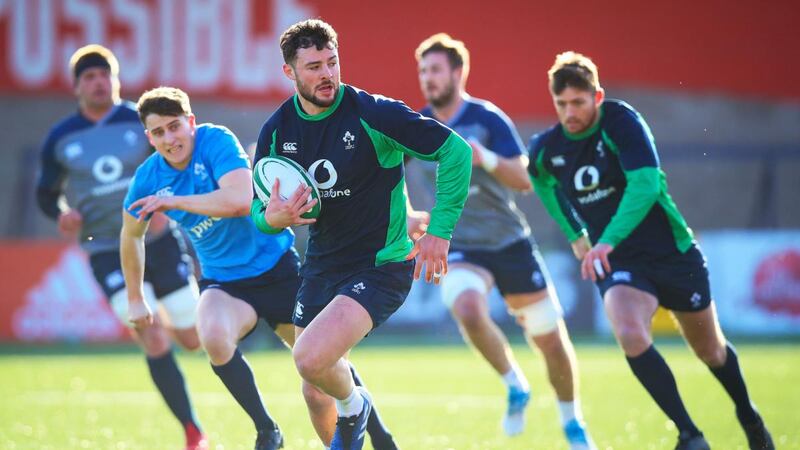 Robbie Henshaw  runs with the ball during the joint Ireland and Ireland under-20 training session at Musgrave Park in Cork on Thursday. Photograph:  Tommy Dickson/Inpho