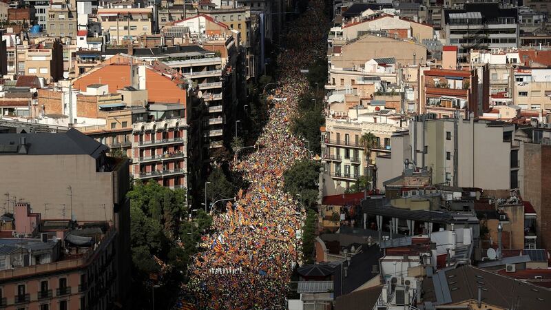 Thousands of people gather for a rally on Catalonia’s national day, in Barcelona, Spain. Photograph: Albert Gea/Reuters