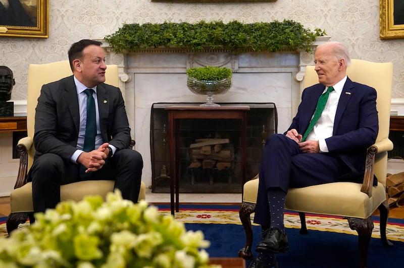 Taoiseach Leo Varadkar (left) at a bilateral meeting with president Joe Biden in the Oval Office at the White House in Washington, DC. Photograph: Niall Carson/PA