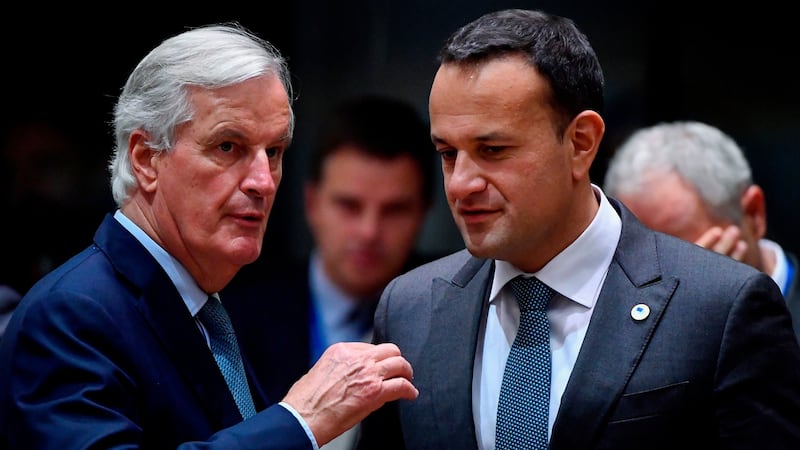 EU chief Brexit negotiator Michel Barnier (L) speaks with Taoiseach Leo Varadkar during a summit at EU headquarters in Brussels. Photograph: John Thys/AFP via Getty Images