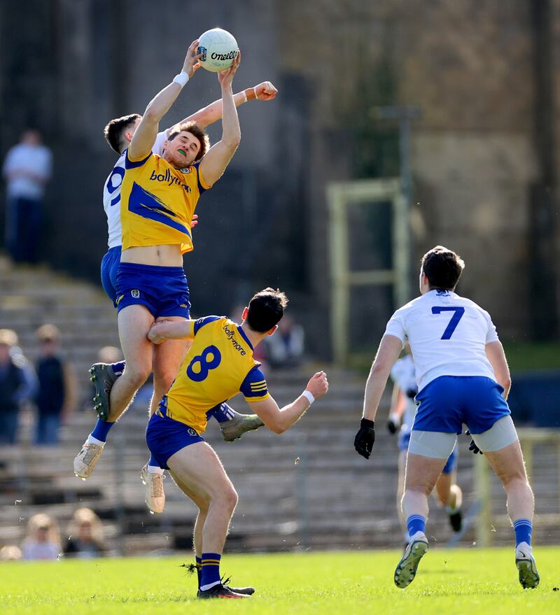Roscommon's Keith Doyle and Tadhg O'Rourke with Gary Mohan of Monaghan during the Division One clash in Clones. Photograph: James Crombie/Inpho
