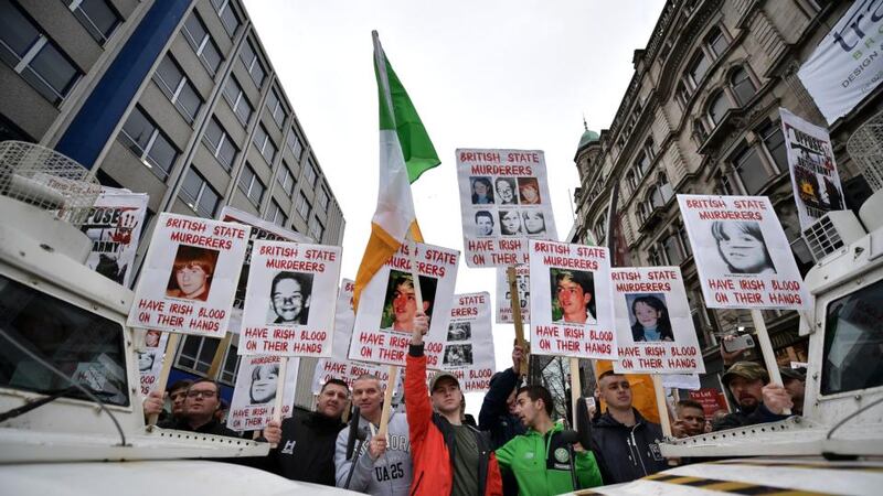 Dissident republican group Saoradh protest as a Justice for Northern Ireland Veterans rally takes place outside Belfast City Hall. Photograph: Charles McQuillan/Getty Images