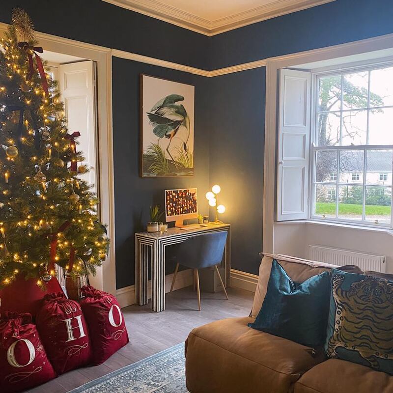 Jen Connell’s drawing room/home office. The ‘Bewitched’ leather sofa is by DFS. Photograph: Jen Connell