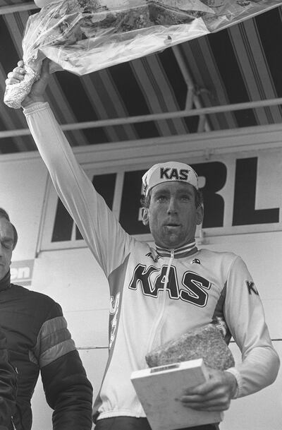 Sean Kelly celebrates his second victory of Paris to Roubaix in 1986. He also won the famed event in 1984. Photograph: Billy Stickland/Inpho 