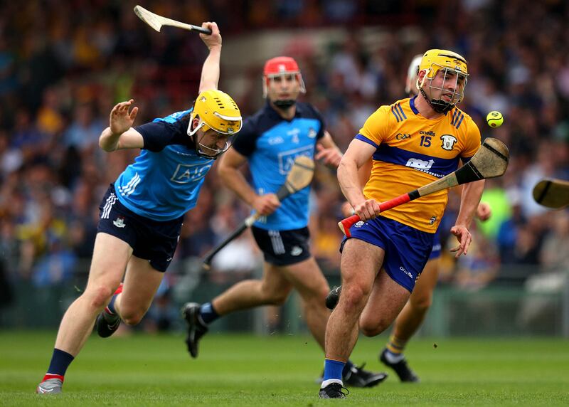 Clare’s Mark Rodgers and Daire Gray of Dublin. Photograph: Ryan Byrne/Inpho