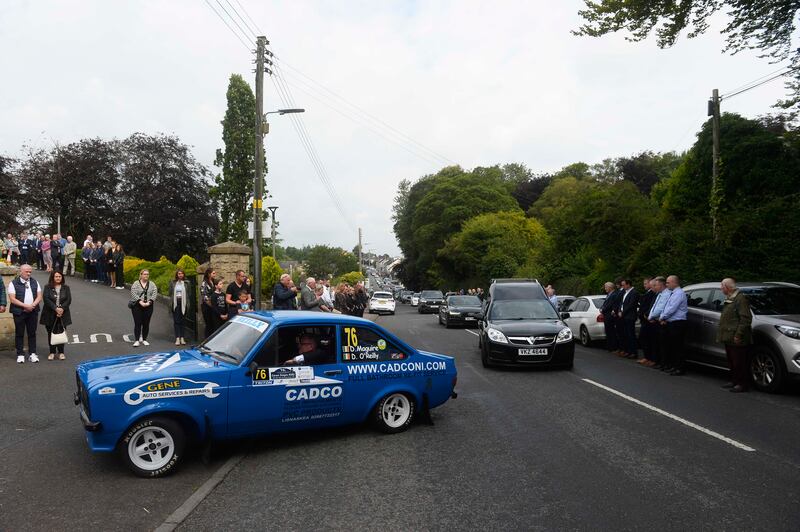 The funeral cortege for Dáire Maguire arrives at the Church of the Immaculate Conception, in Newtownbutler, Co Fermanagh on Thursday morning. Photograph: Mark Marlow/PA Wire