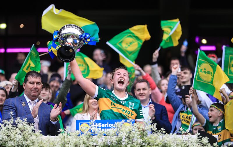 Kerry captain Síofra O'Shea lifts the Division 1 trophy in April. Photograph: Evan Treacy/Inpho