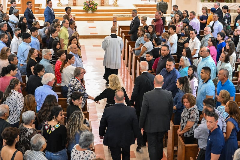 US president Joe Biden and first lady Jill Biden attend mass in Uvalde at the nearby Sacred Heart Catholic Church. Photograph: Mandel Ngan/AFP via Getty