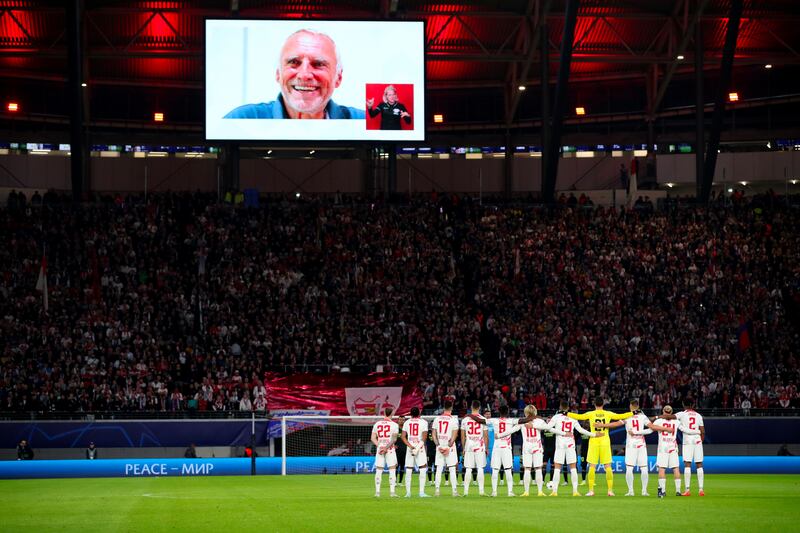 Players of Leipzig during a minute of silence for the late Dietrich Mateschitz, co-founder of Red Bull and club investor, ahead of their Champions League Group F match against Real Madrid in Leipzig, Germany. Photograph: Martin Divisek/EPA-EFE