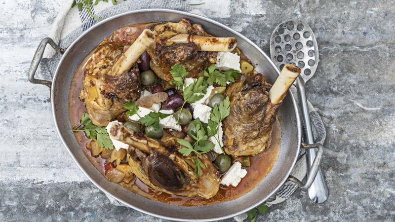Lamb shanks, with fennel, olives and feta. Photographs: Harry Weir