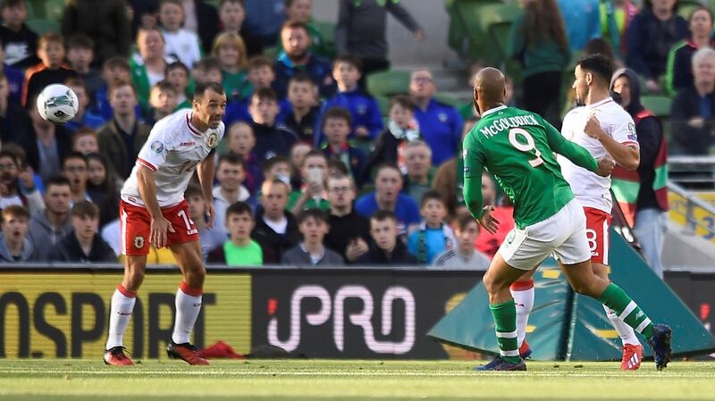 David McGoldrick’s shot opens the scoring. Photograph: Clodagh Kilcoyne/Reuters