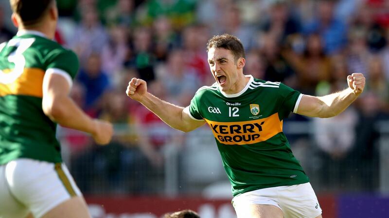 Kerry’s Stephen O’Brien celebrates  his first half goal. Photograph: Ryan Byrne/Inpho