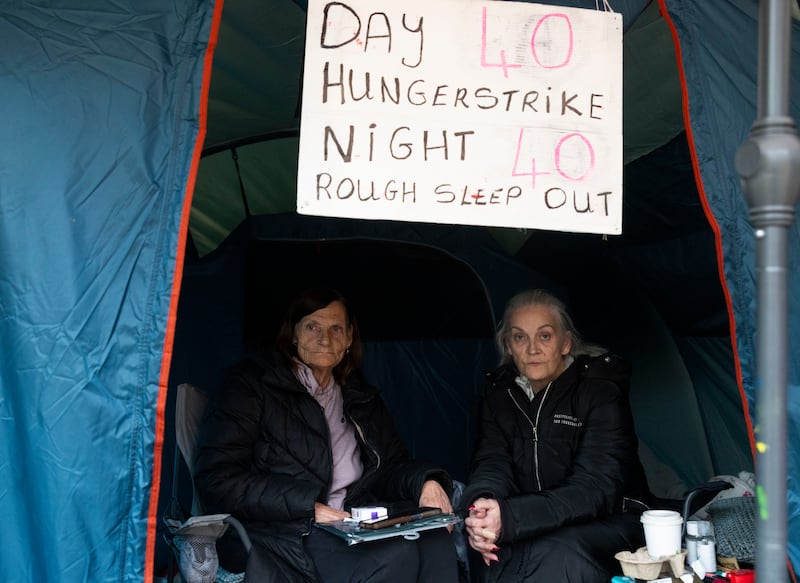 Survivors of industrial and reformatory schools abuse, Mary Dunlevy Greene and Mary Donovan on day 40 of their hunger strike outside the Dail. Photograph: Sam Boal/ Collins photos 