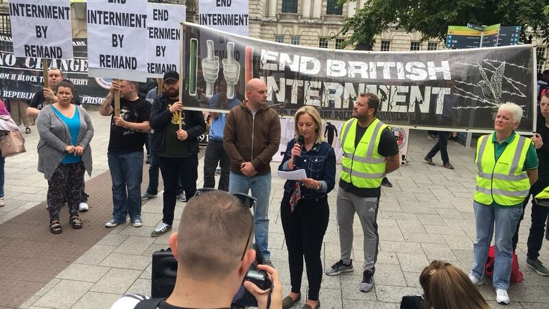 Irish Republican Prisoners Welfare Association spokeswoman Mandy Duffy addressed the crowd outside City Hall.