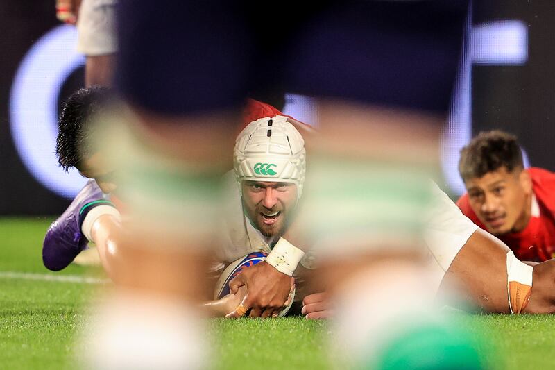 Ireland's Mack Hansen touches down for a try during the Rugby World cup Pool B clash with Tonga at Stade de la Beaujoire in Nantes. Photograph: Dan Sheridan/Inpho