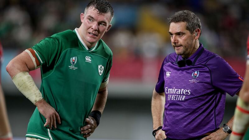 Ireland’s Peter O’Mahony with referee Jérôme Garcès during the Rugby World Cup Pool A match between Ireland and Russia at Kobe Misaki Stadium in Kobe City last Thursday. Photograph: Dan Sheridan/Inpho