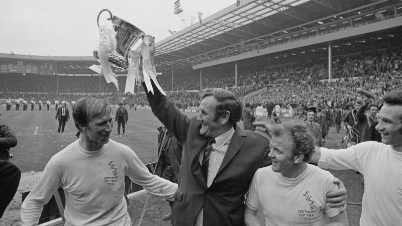 Leeds United manager Don Revie lifts the FA Cup in 1972 with Jack Charlton and Billy Bremner. File photograph: Getty Images