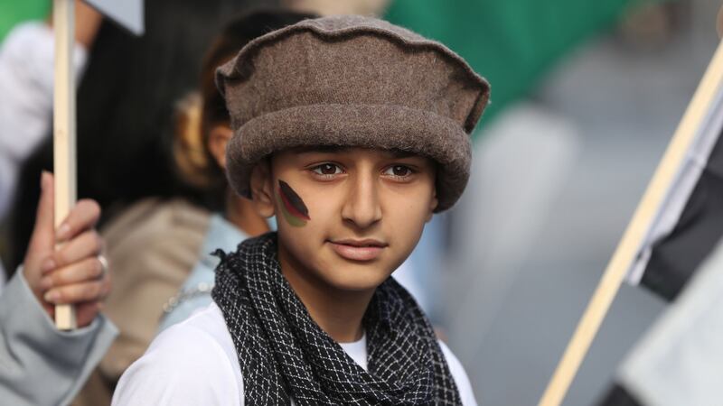 Billal Bakhshi (11) at the Dublin protest against Taliban persecution of women, organised by the Afghan Union of Ireland. Photograph: Niall Carson/PA