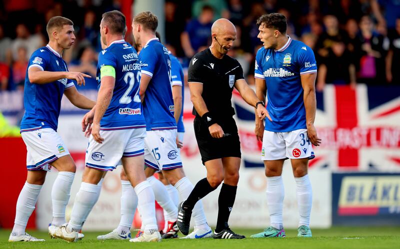 Referee Luis Godinho awards Shelbourne a penalty that is later disallowed by VAR. Photograph: Ryan Byrne/Inpho