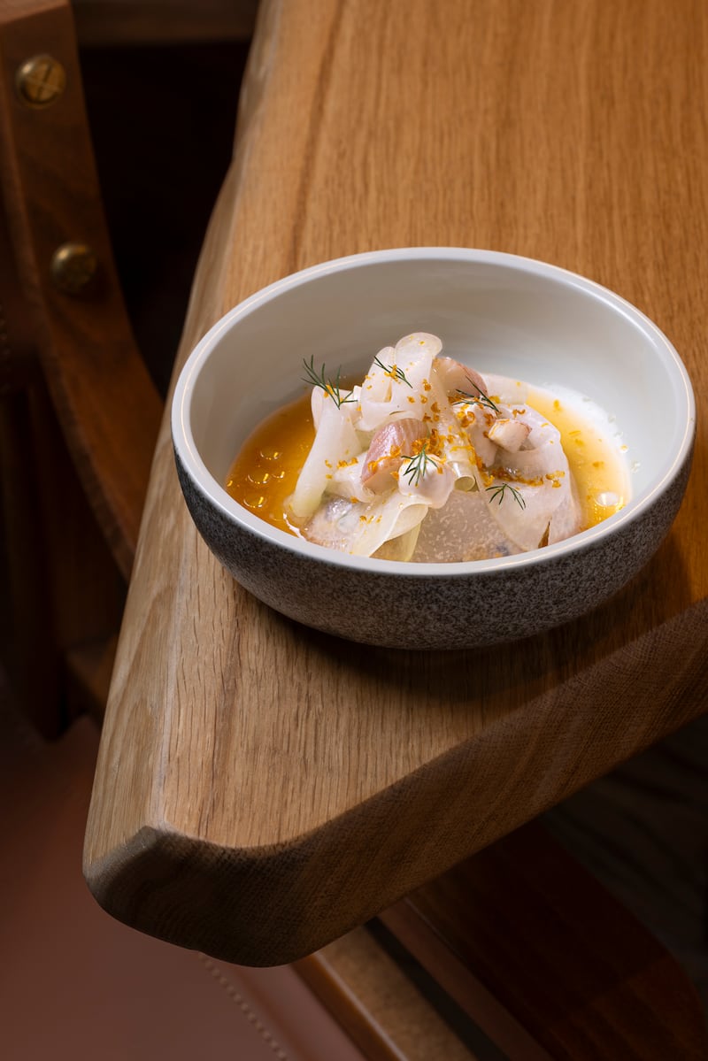 Roaring Bay mussel tartare, smoked eel, kohlrabi, taramasalata. Photograph: Anthony Woods