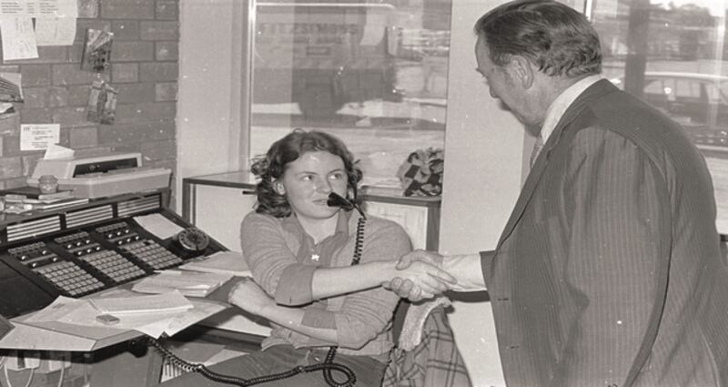 Walter Elwood, former Ringaskiddy site leader greets a colleague in 1973