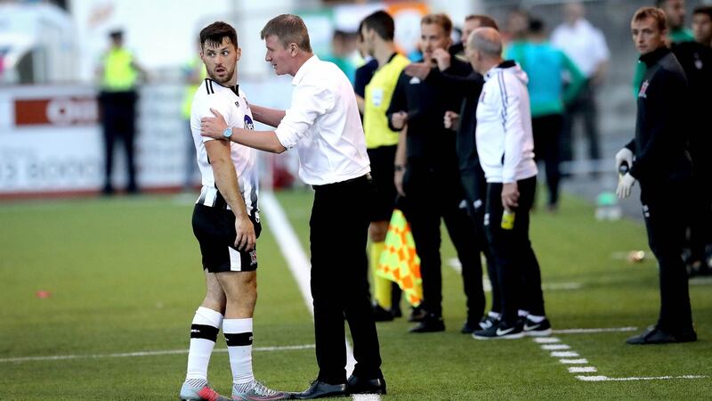 Dundalk striker Patrick Hoban looks back at the referee as he calls him back after mistakenly sending him off during the Europa League second qualifying round first leg against AEK Larnaca at Oriel Park. Photograph: Ryan Byrne/Inpho