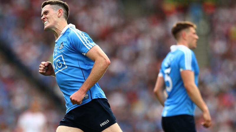 Brian Fenton celebrates scoring a point during Dublin’s win over Tyrone. Photograph: James Crombie/Inpho